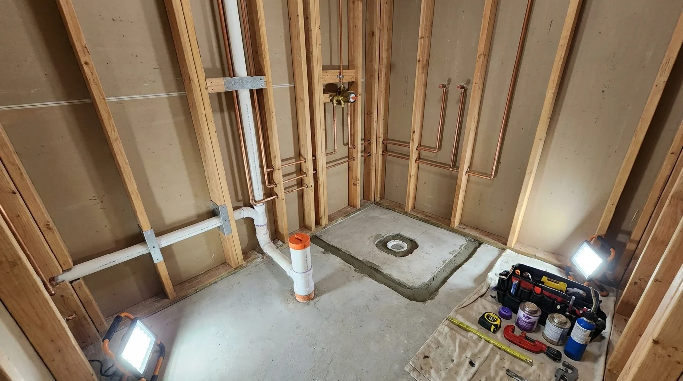 Bathroom rough-in plumbing during remodel by Johns Plumbing LLC in Edina