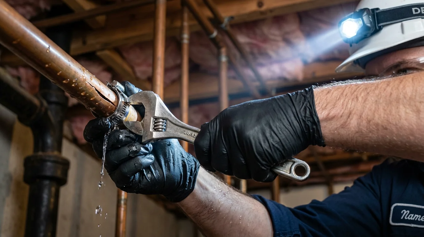 Emergency pipe clamp repair being performed by a Johns Plumbing LLC plumber in Edina