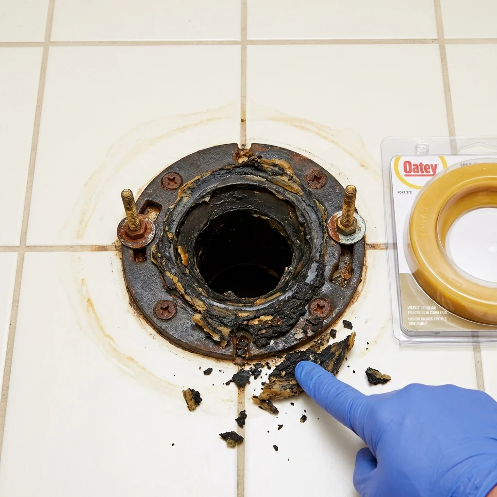 Failed wax ring showing water seepage at the base of a toilet in a Edina, MO home