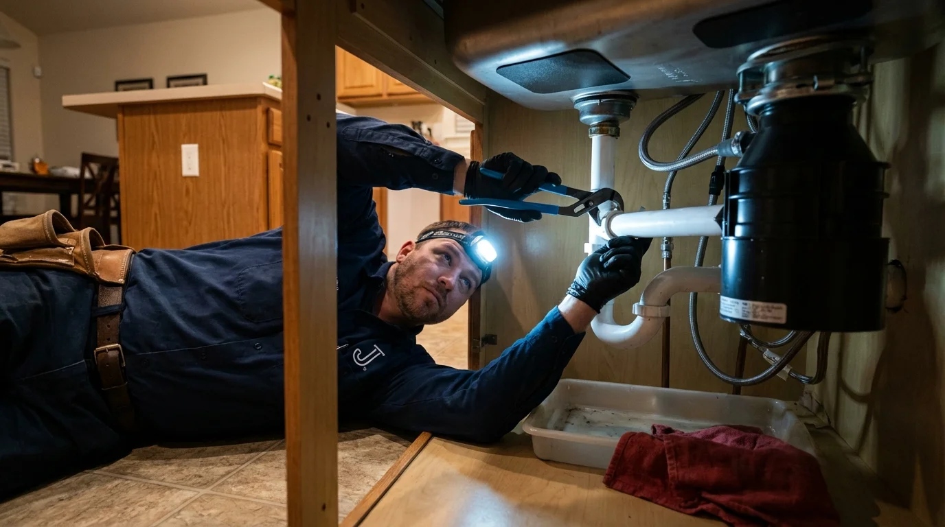 P-trap and supply line connections under a kitchen sink showing a common leak point in Edina, MO